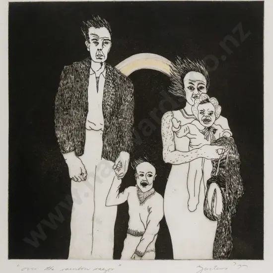 Jane Zusters '77 - framed etching "over the rainbow razor" H240 W240