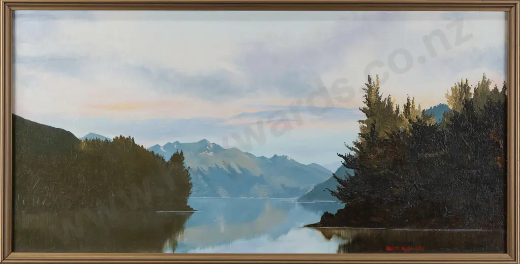 Helen Hyde-Hills - framed oil on board "Sunset Lake Hawea" H240 W490 Image 1++