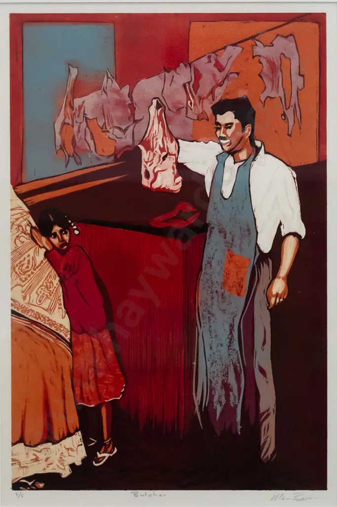 Manu Berry - framed woodcut print "Butcher" H450 W300 Image 1++