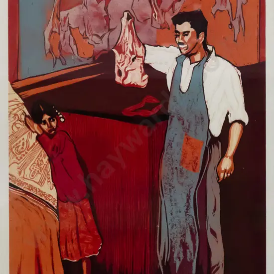 Manu Berry - framed woodcut print "Butcher" H450 W300