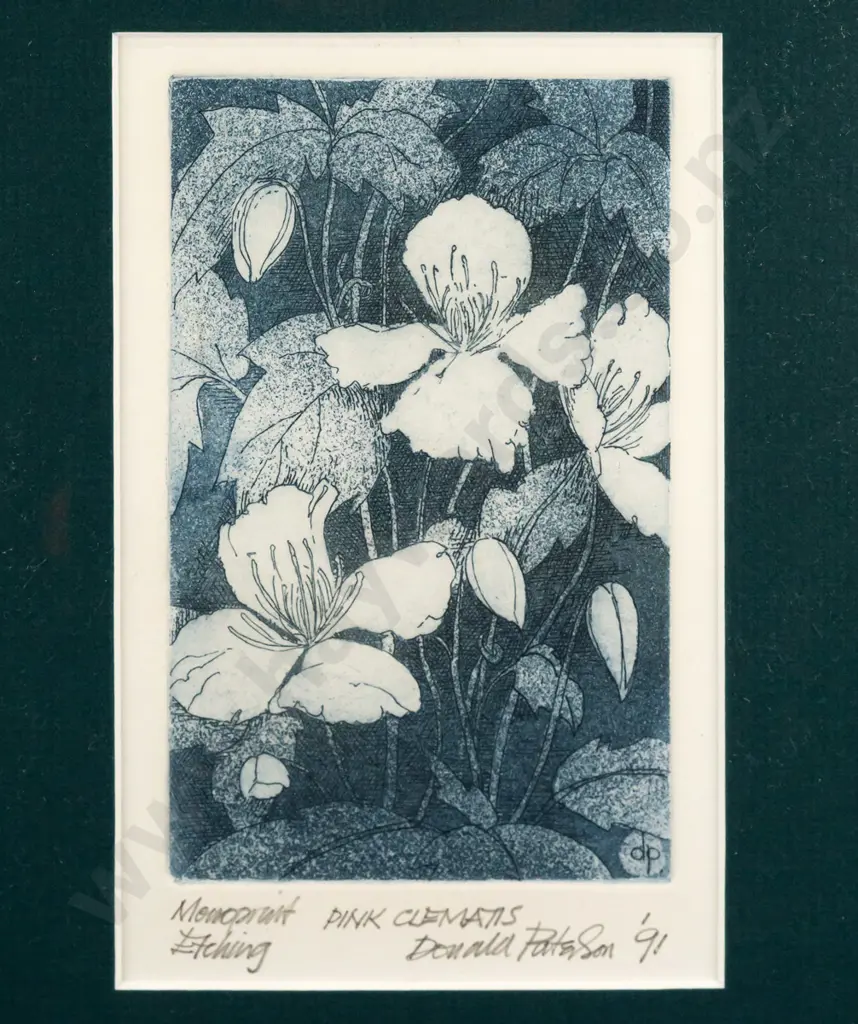 Donald Paterson '91 - framed monoprint etching "Pink Clematis" H130 W85 Image 1++