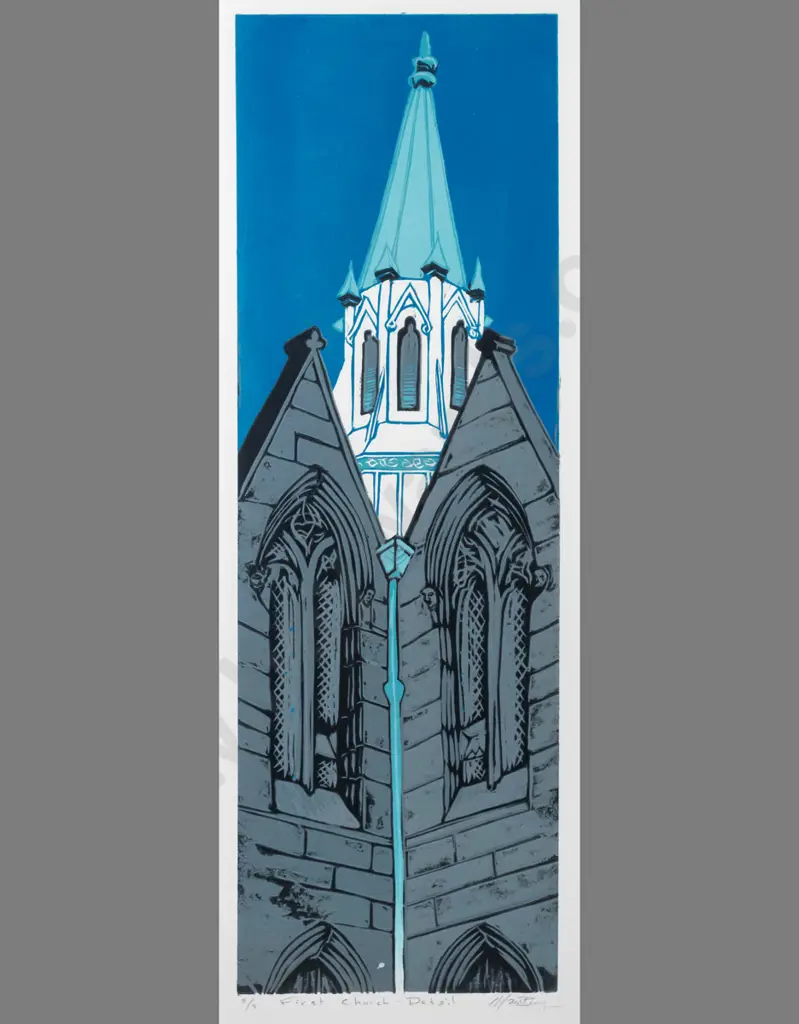 Manu Berry - framed wood block print 5/5 "First Church detail" H560 W190 Image 1++