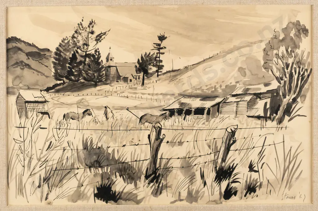 Anthony Stones - framed pen & wash "Ri's House, Pawarenga" H240 W370 Image 1++