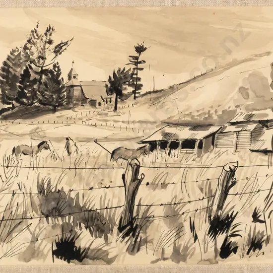 Anthony Stones - framed pen & wash "Ri's House, Pawarenga" H240 W370