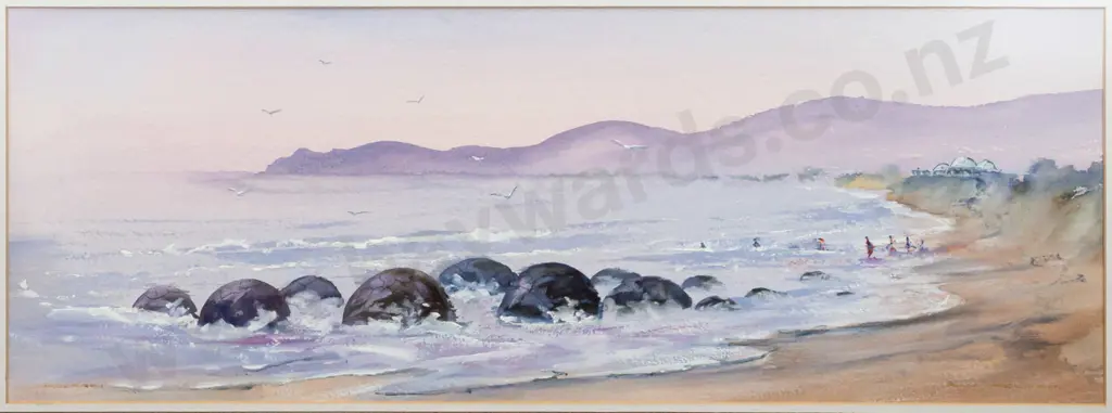 Ray Melhop - framed watercolour - Moeraki Boulders H240 W680 Image 1++