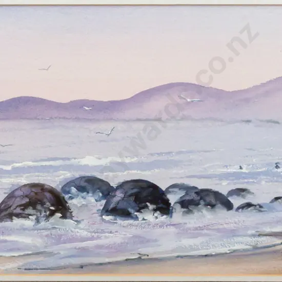 Ray Melhop - framed watercolour - Moeraki Boulders H240 W680