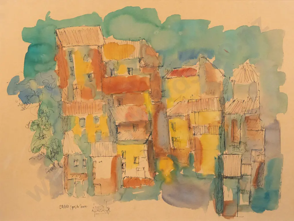 illegible signature - framed ink & watercolour - city scape H400 W500 Image 1++