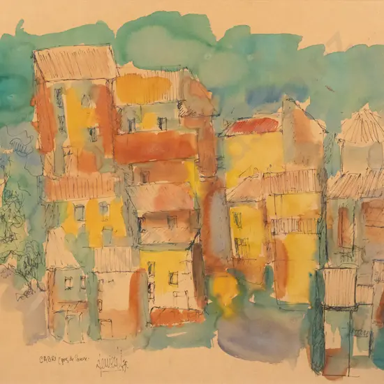 illegible signature - framed ink & watercolour - city scape H400 W500