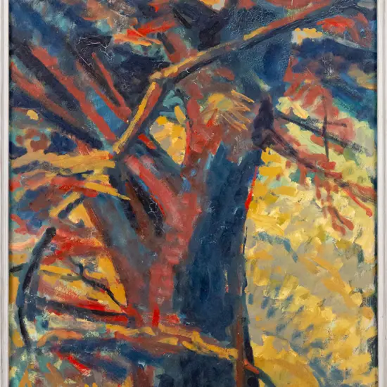 Frank Dickinson 1989 - framed oil on board "Through the Macrocarpas" H740 W440