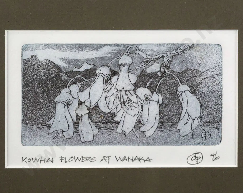 Donald Paterson '96 - framed etching "Kowhai Flowers At Wanaka"  H60 W120 Image 1++