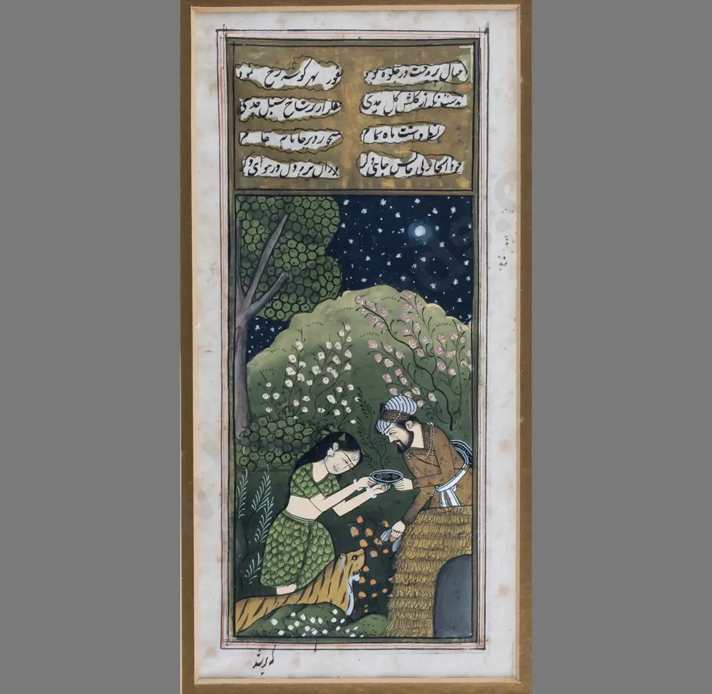 traditional Indian painting, frame watercolour, woman & man with tiger H190 W80  (slight foxing) Image 1++