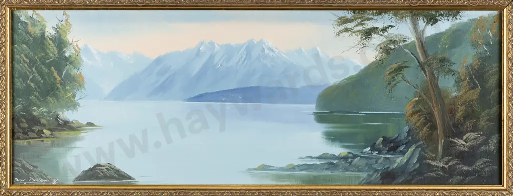 Don Parlane '85 - framed oil on board "Lake Manapouri Fiordland" H220 W600 Image 1++