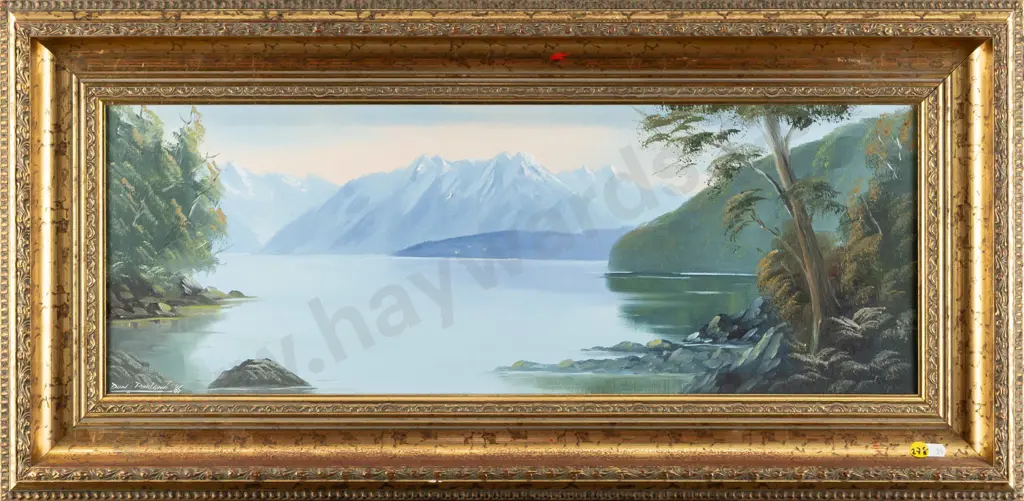 Don Parlane '85 - framed oil on board "Lake Manapouri Fiordland" H220 W600 Image 1++