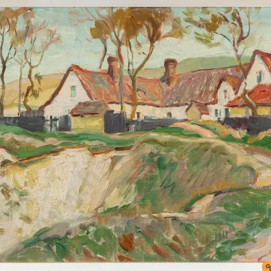 Gertrude Leese - framed oil on board - farmhouse H260 W340