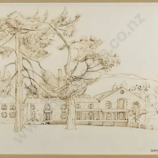 Audrey Bascand 1973 -  framed ink "Wilsons Distillery" H210 W300