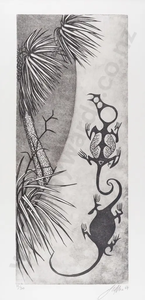 Jono More 07 - wood block print 11/50 - "Maori rock art & cabbage tree" H450 W180 Image 1++