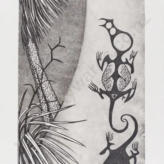 Jono More 07 - wood block print 11/50 - "Maori rock art & cabbage tree" H450 W180