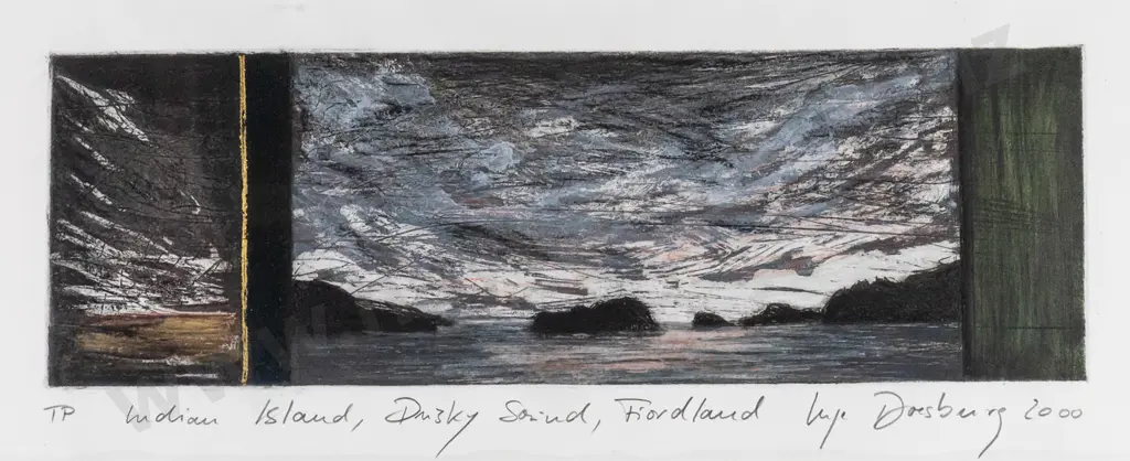 Inge Doesburg 2000 - framed TP "Indian Island, Dusky Sound, Fiordland" H120 W380 Image 1++