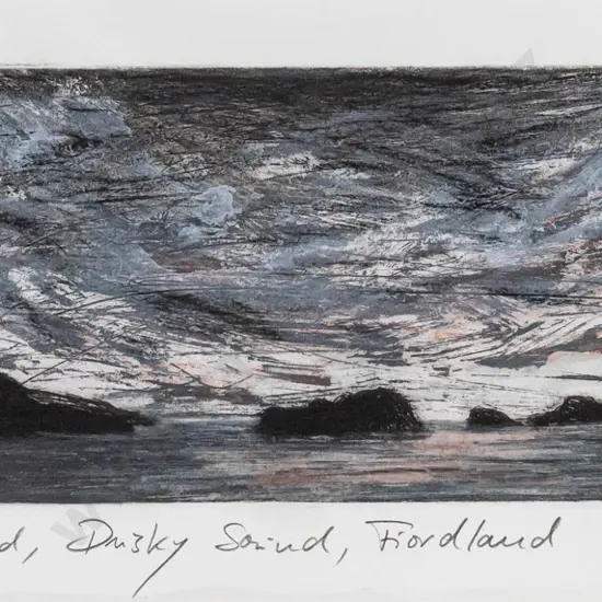 Inge Doesburg 2000 - framed TP "Indian Island, Dusky Sound, Fiordland" H120 W380