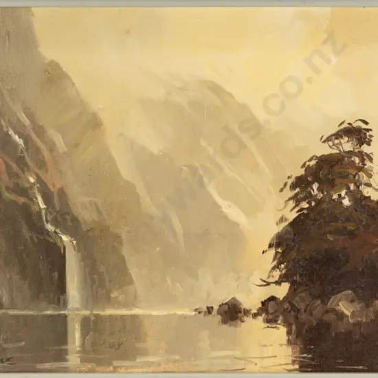 Peter Beadle 1982 - framed oil "Waterfall Dusky Sound Fiordland" H290 W380