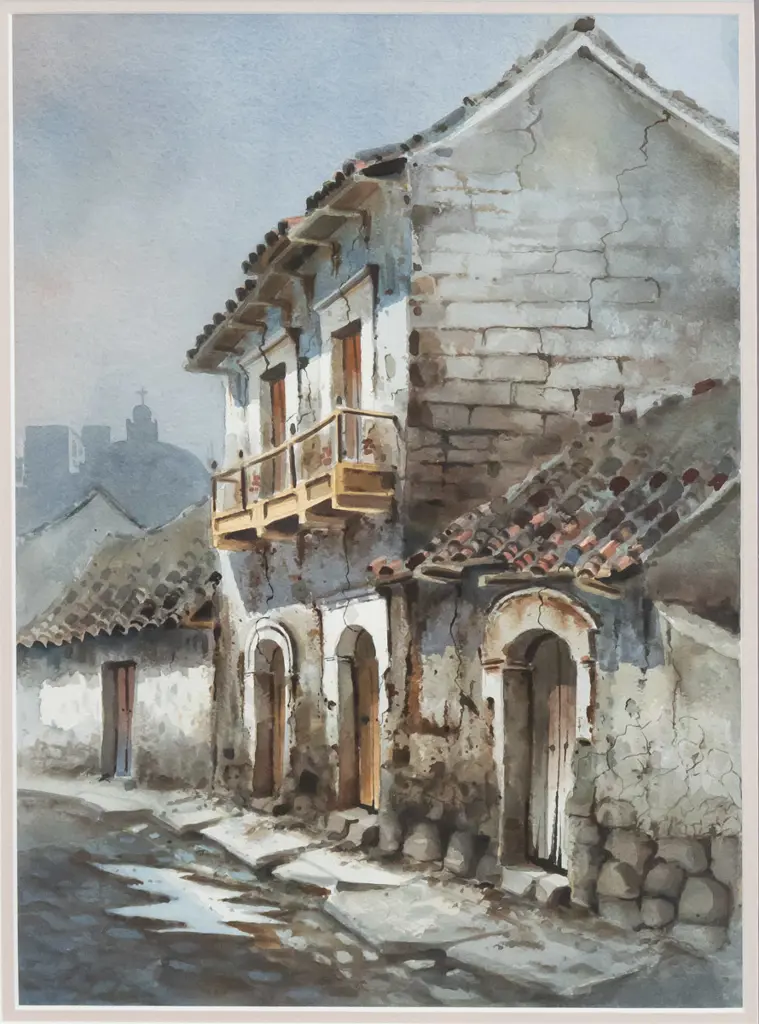 Gregorio Choque (Bolivia)1993 - framed watercolour - street in Tunata village H350 W265 Image 1++