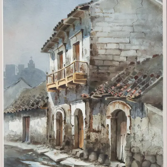 Gregorio Choque (Bolivia)1993 - framed watercolour - street in Tunata village H350 W265