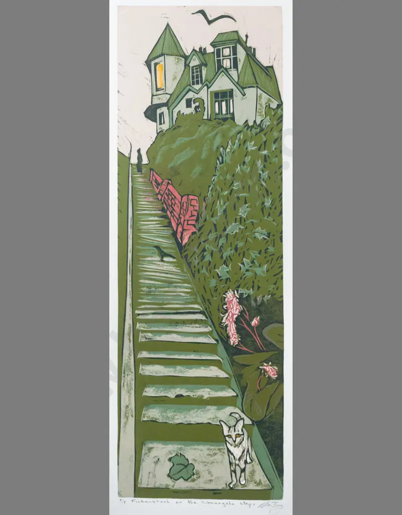Manu Berry - framed wood block print 5/5 "Fickenstach on the Cannongate Steps" H560 W190 Image 1++