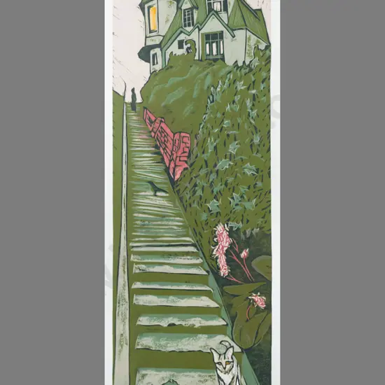 Manu Berry - framed wood block print 5/5 "Fickenstach on the Cannongate Steps" H560 W190