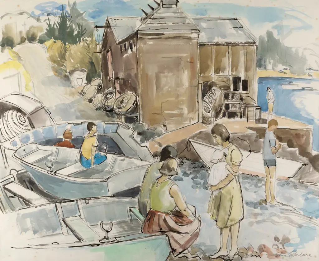 Shona McFarlane - framed watercolour - people by beach H480 W580 (foxing) Image 1++