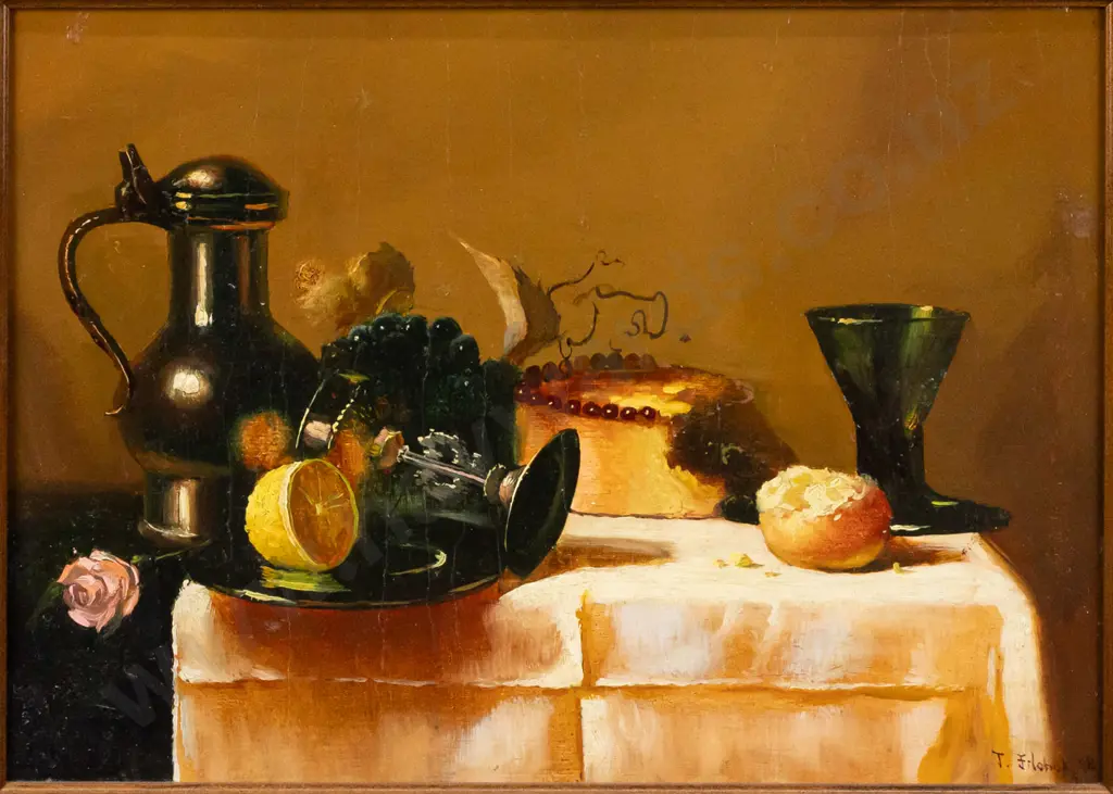 J Filubok 98 - framed oil on board - Still life items on table H280 W380 Image 1++