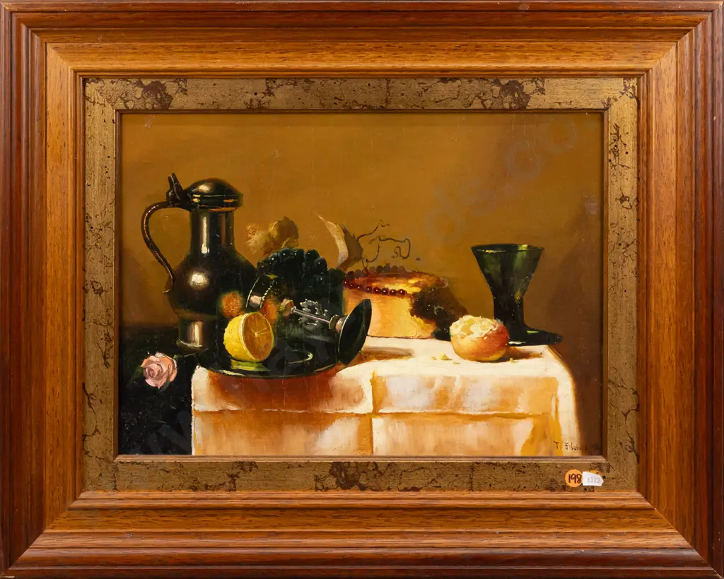 J Filubok 98 - framed oil on board - Still life items on table H280 W380 Image 1++