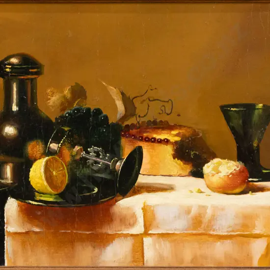 J Filubok 98 - framed oil on board - Still life items on table H280 W380