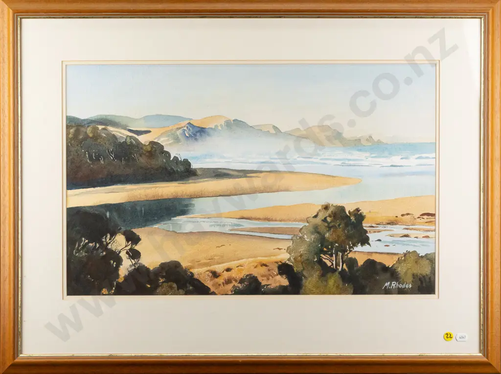 Margaret Rhodes - framed watercolour - coastal scene H350 W560 Image 1++