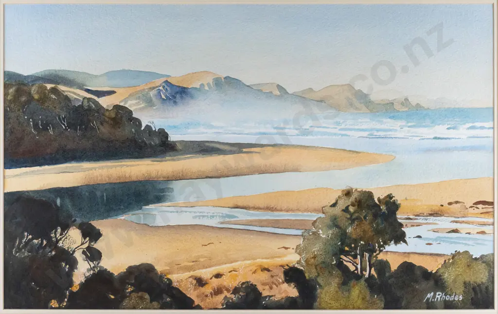 Margaret Rhodes - framed watercolour - coastal scene H350 W560 Image 1++