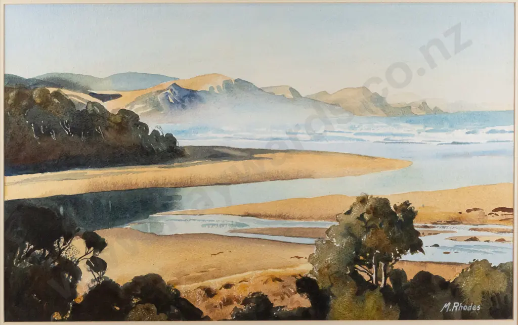 Margaret Rhodes - framed watercolour - coastal scene H350 W560 Image 1++