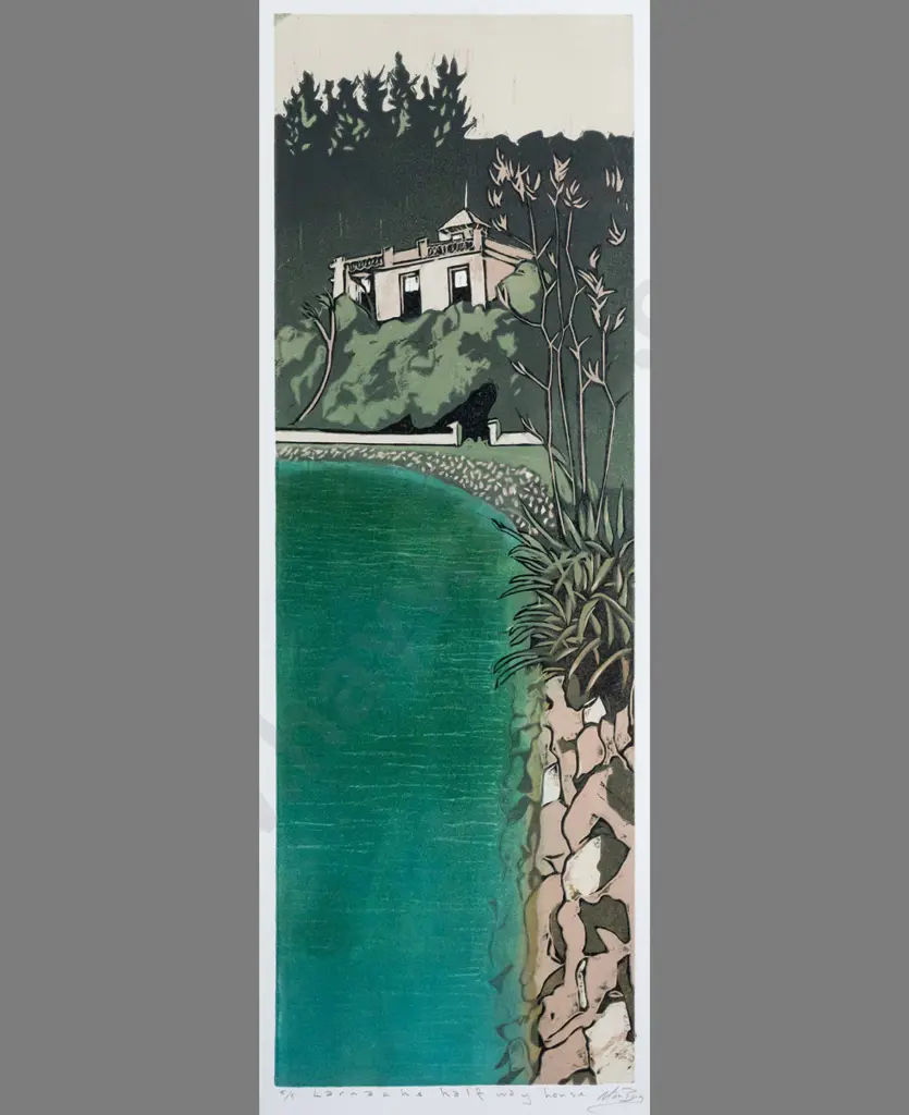 Manu Berry - framed wood block print 5/5 "Larnach's half way house" H560 W190 Image 1++