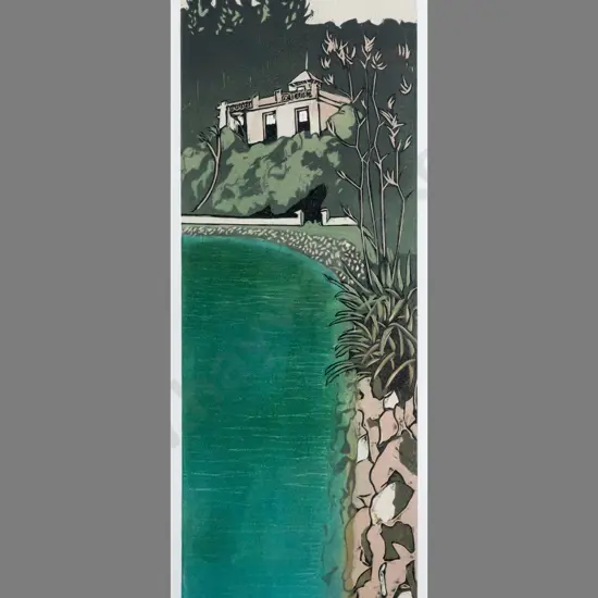 Manu Berry - framed wood block print 5/5 "Larnach's half way house" H560 W190