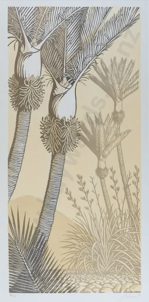 Jono More 05 - wood block print 66/75 - "Kahakaha, Epiphytes" H640 W300 Image 1++