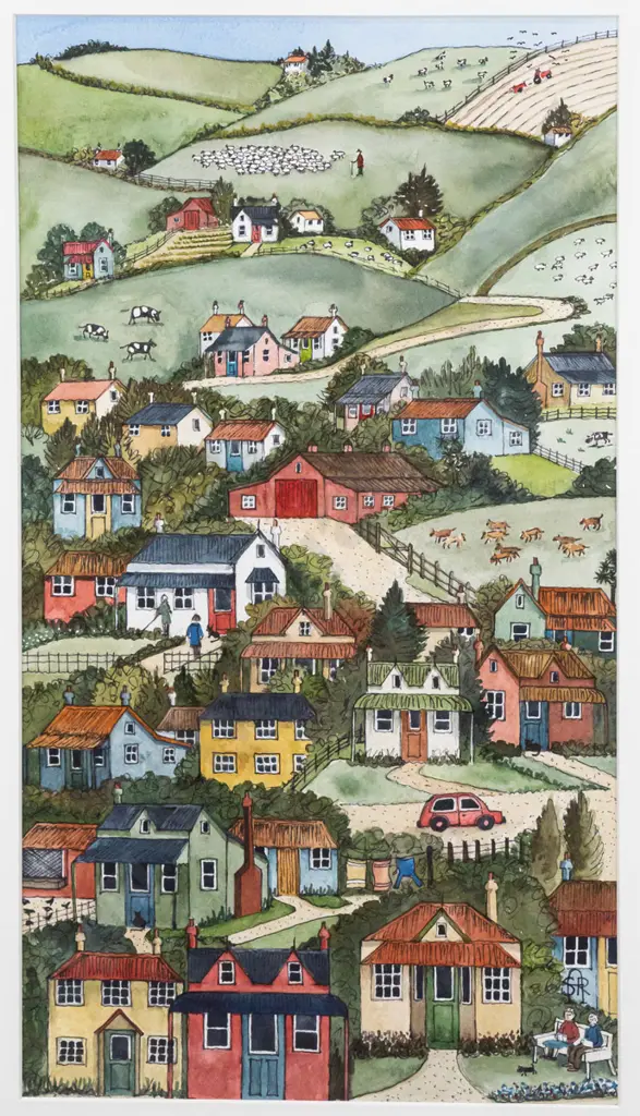 Sarah Rutherford - framed ink and watercolour "At the end of the day" H390 W210 Image 1++