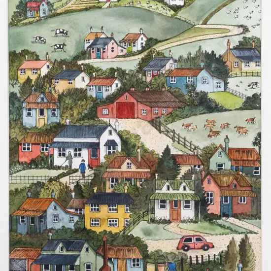 Sarah Rutherford - framed ink and watercolour "At the end of the day" H390 W210