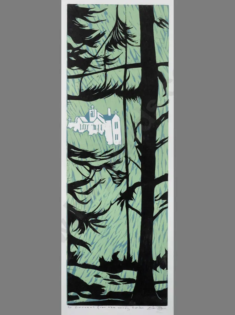 Manu Berry - framed wood block print 5/5 "Convent from the windy garden" H560 W190 Image 1++