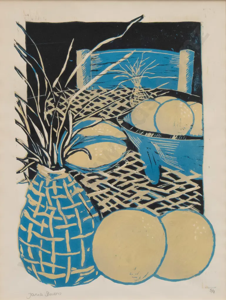 Tania Stevens - framed wood block print 5/9 - fruit on table H340 W250 Image 1++