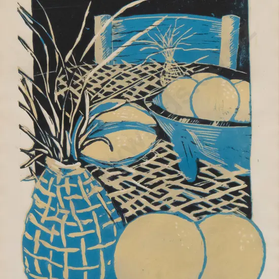 Tania Stevens - framed wood block print 5/9 - fruit on table H340 W250