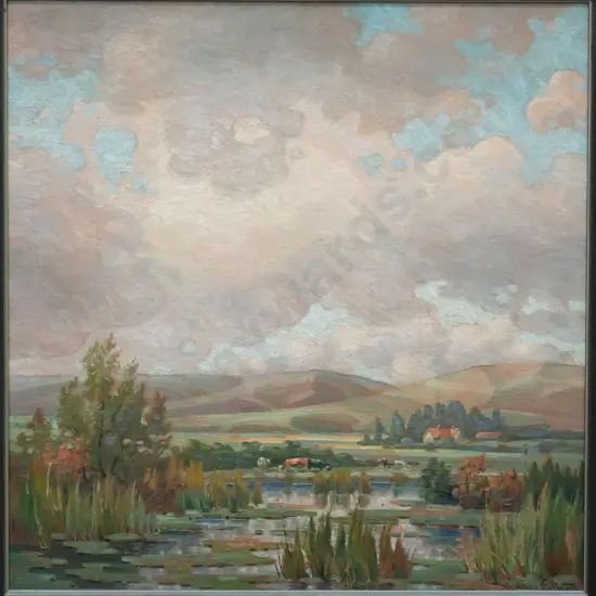 W Allen Bollard - framed oil on board - landscape H600 W560