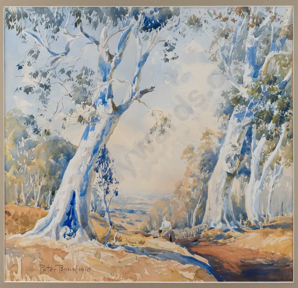 Peter Bousfield - framed watercolour - man on horse H370 W390 Image 1++