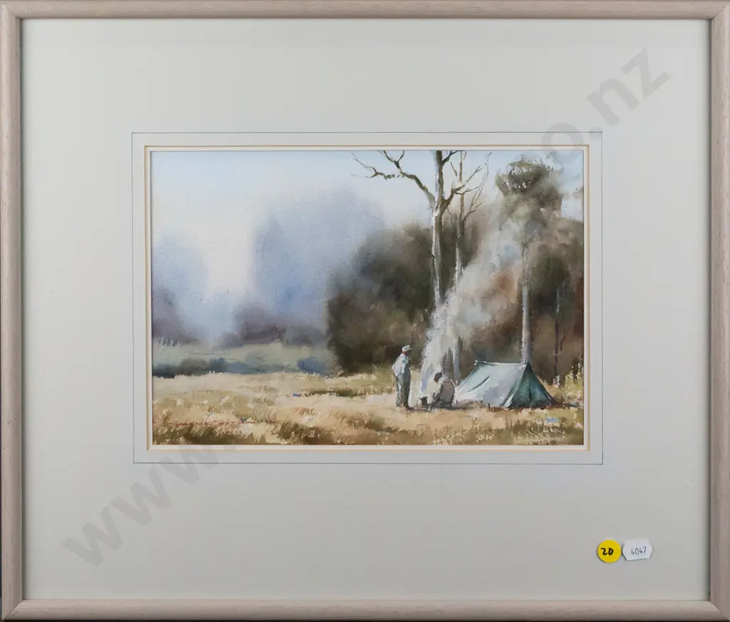 Garrick Tremain '92 - framed watercolour "Bush Camp" H180 W260 Image 1++