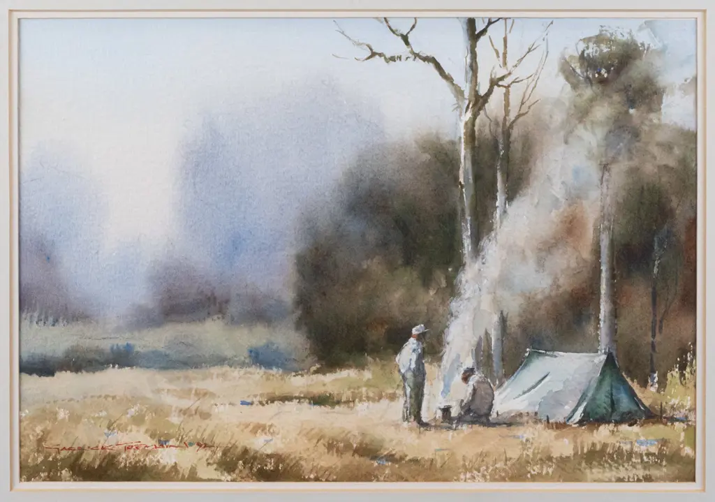 Garrick Tremain '92 - framed watercolour "Bush Camp" H180 W260 Image 1++