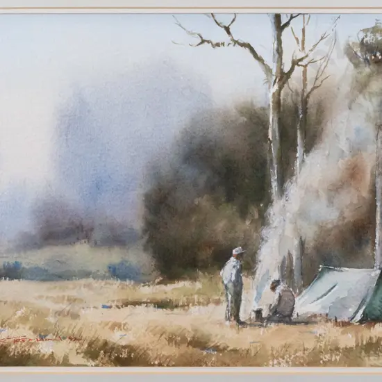 Garrick Tremain '92 - framed watercolour "Bush Camp" H180 W260