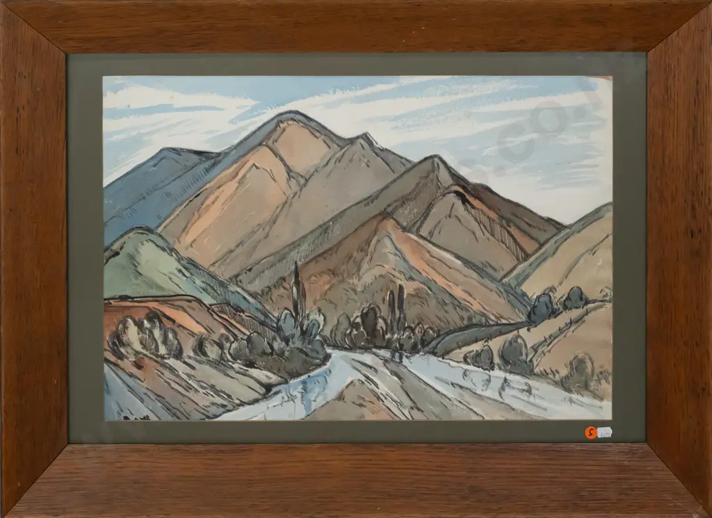 illegible signature - framed pastel and watercolour - river and landscape scene H370 W550 (slight foxing) Image 1++