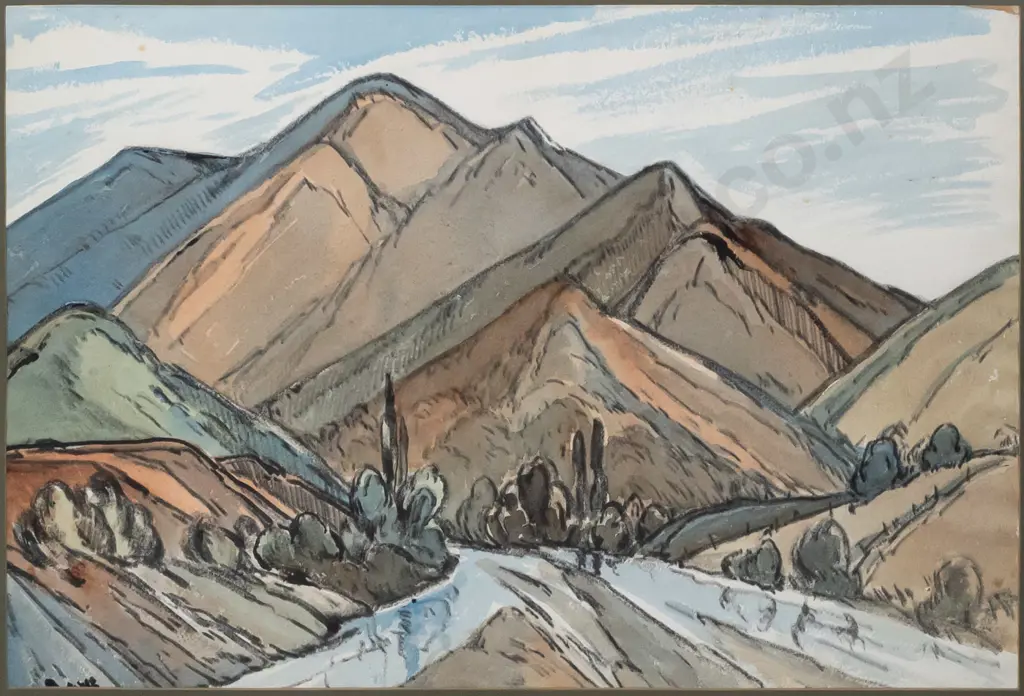 illegible signature - framed pastel and watercolour - river and landscape scene H370 W550 (slight foxing) Image 1++